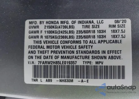 2020 Honda Cr-V Awd Ex-L z USA, uszkodzony, nr VIN 7FARW2H85LE019357